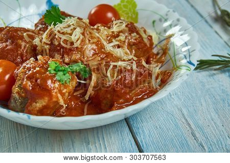 Hirshon Italian-american Meatballs  Cuisine, Traditional Assorted Dishes, Top View.