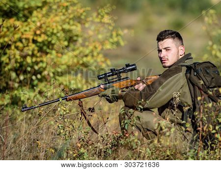 Hunting Equipment For Professionals. Hunting Is Brutal Masculine Hobby. Hunter Hold Rifle. Man Wear 