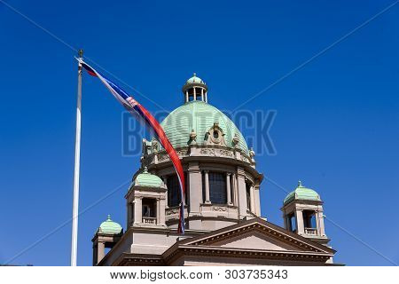 Belgrade, Serbia - April 19, 2018. House Of National Assembly In Belgrade Cooper Cupola And Roof. Po