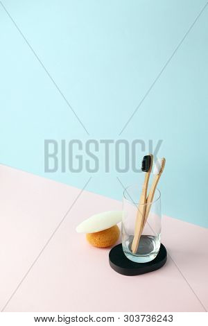 Zero Waste Bathroom. Natural Products Sponge, Konjac, Washcloth, Soap, Glass Tumbler, Toothbrush On 