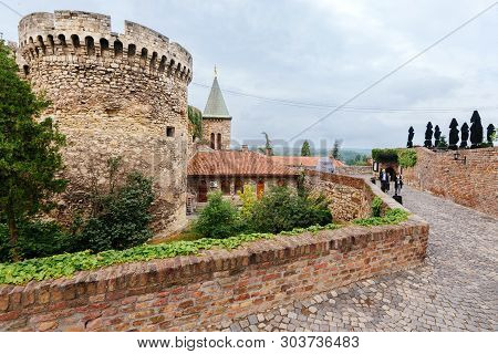 Belgrade, Serbia - June 16, 2018. Belgrade Fortress Kalemegdan Fortification Walls With Tower Buildi