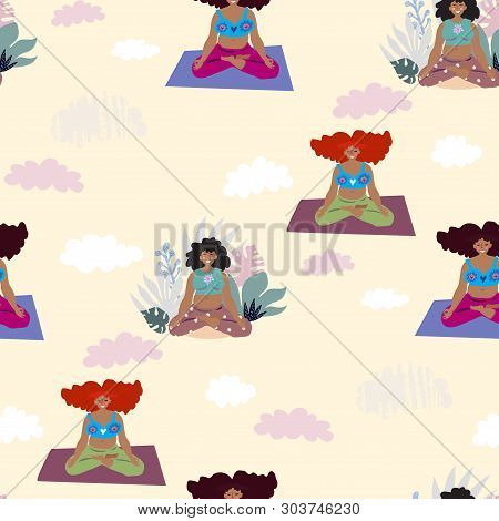 Female Yoga.  Cute Seamless Pattern With   Beautiful Cartoon Woman In Various Poses Of Yoga,  Vector