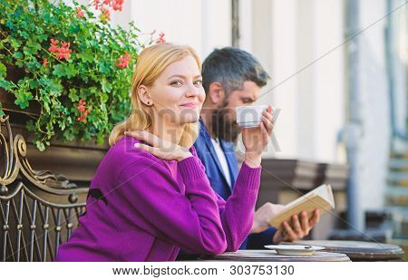 Couple Terrace Drinking Coffee. Casual Meet Acquaintance Public Place. Apps Normal Way To Meet And C