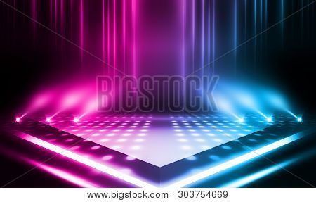 Background Of Empty Stage Show. Neon Blue And Purple Light And Laser Show. Laser Futuristic Shapes O