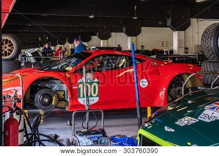 April 2019: Ferrari 458 Gte In Montjuic Spirit Barcelona Circuit Car Show.