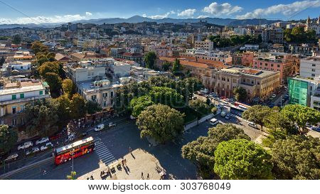Messina, Italy - November 06, 2018 - Panoramic Top View Of The Local Buildings With The Trees, Mount