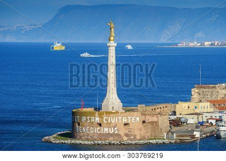 Messina, Italy - November 06, 2018 - Forte Del Santissimo Salvatore With Statue Of Saint Mary Or Mad