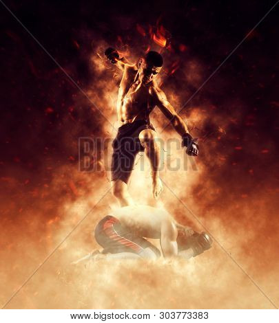 MMA boxers fighters fight in fights without rules on fire background 