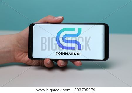 Tula, Russia - May 12 , 2019: Coinmarket On Phone Display.