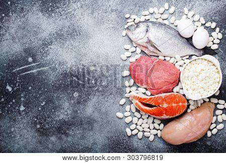 Vegetables, Fruit And Foods Containing Potassium, Stone Background, Top View, Space For Text. Natura