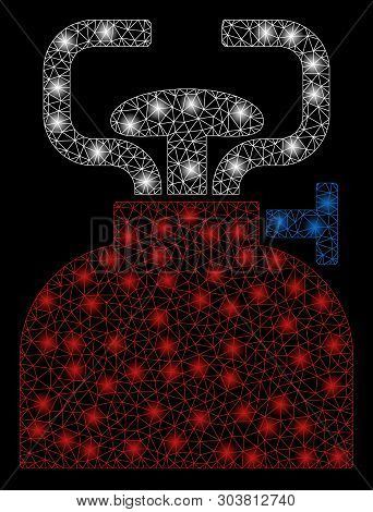 Bright Mesh Burner With Glare Effect. Abstract Illuminated Model Of Burner Icon. Shiny Wire Frame Po