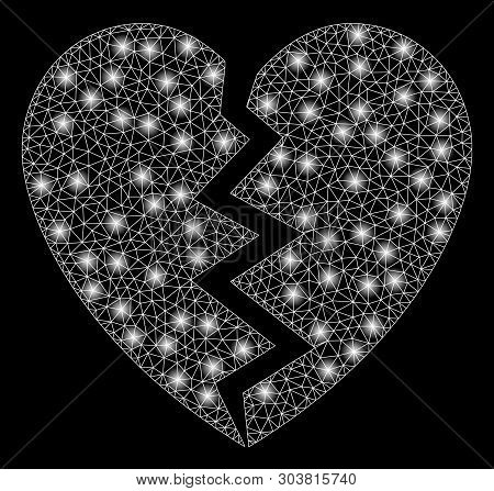 Bright Mesh Broken Heart With Lightspot Effect. Abstract Illuminated Model Of Broken Heart Icon. Shi