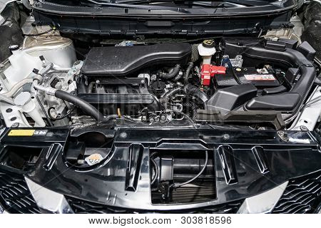 Novosibirsk, Russia - May 28, 2019:  Nissan X-trail, Close-up Of The Engine, Front View. Photography
