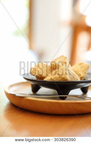 Warabi Mochi Japanese Dessert On Wooden Table