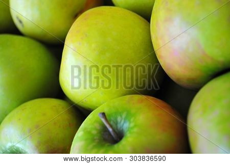 Harvest Of Delicious Green Apples, Vitamins In Autumn