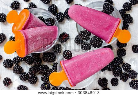 Blackberry Popsicles, Homemade Blackberry Ice Cream On Table With Fresh Blackberry Berries