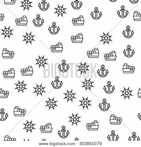 Details Of Delivery Ship Seamless Pattern Vector. Steering Wheel, Anchor And Cargo Ship With Contain