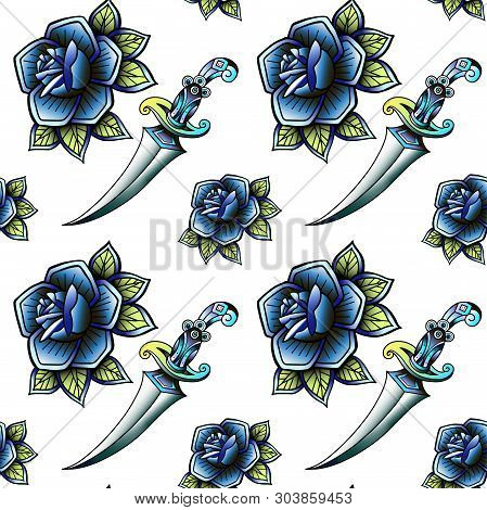 Old School Retro Vintage Doodle Tattoo Seamless Pattern.rose, Knife.continuous Openwork Emblems Symb