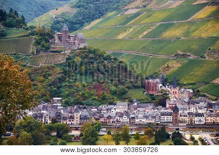 Landscape With German Hills Grape Fields Of Rheinland-pfalz Land With River Raine And Bacharach Town