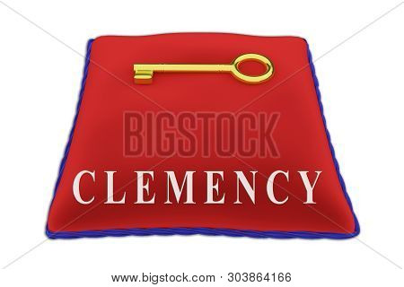 3d Illustration Of Clemency Title On Red Velvet Pillow Near A Golden Key, Isolated On White.