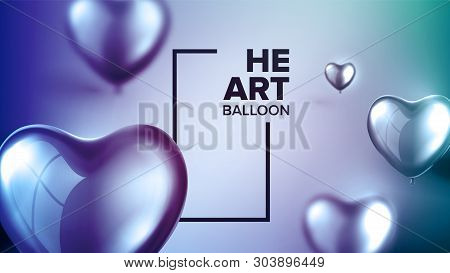 Fashionable Greeting Card Of Wedding Day . Realistic Glossy Blue, Purple And Green Glob In Form Of H