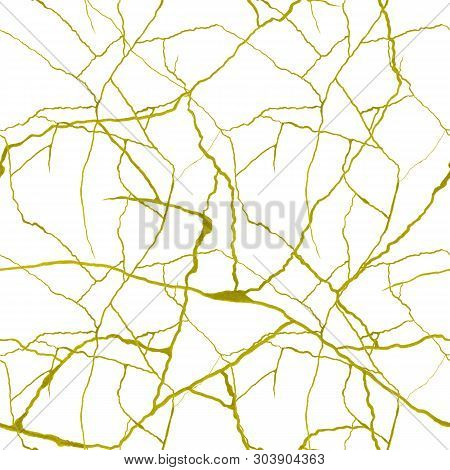 Gold Cracks On White Background Seamless Pattern - Kintsugi Concept, Golden Crinkles, Broken Pottery