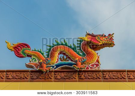 George Town Penang Malaysia. March 2019. An Ornate Dragon At The Hean Boo Thean Temple By The River 