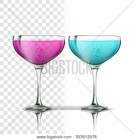 Realistic Glass With Beverage Cocktail . Classic Blue Lagune And Fresh Purple Cocktail Frozen Alcoho