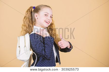 Carrying Things In Backpack. Learn How Fit Backpack Correctly. Girl Little Fashionable Cutie Carry B