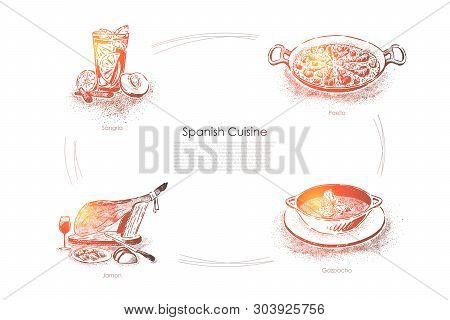 Traditional Dinner In Spain, Sangria, Paella, Jamon And Gazpacho, National Food And Drinks Banner. S