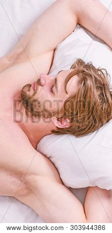 Expert Tips On Sleeping Better. Bearded Man Sleeping Face Relaxing On Pillow. How Much Sleep You Act
