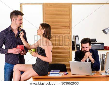 Woman Flirting With Coworker. Woman Attractive Working Man Colleague. Office Collective Concept. Mor