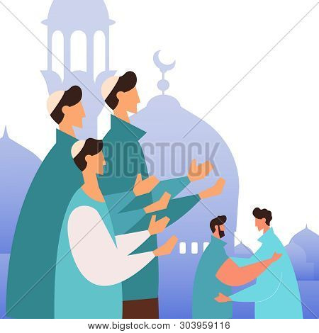 Eid Al-fitr Mubarak Greeting Card. Muslim People Feast Of Breaking The Fast. Muslim Community Prayin