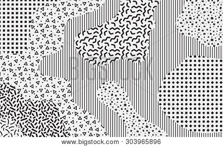 Neutral Light Gray Mempis Design Background With Various Pattern Elements. 80s Abstract Retro Backdr