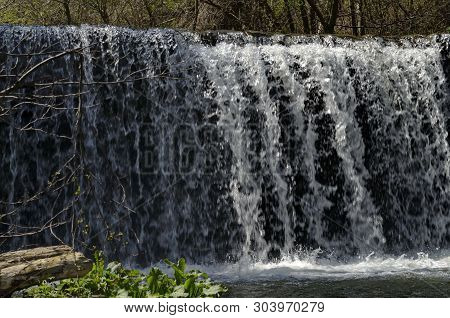 View Closeup Of Waterfall Part At Cascade Of River Bistritsa Between Village  Bistritsa And Village 