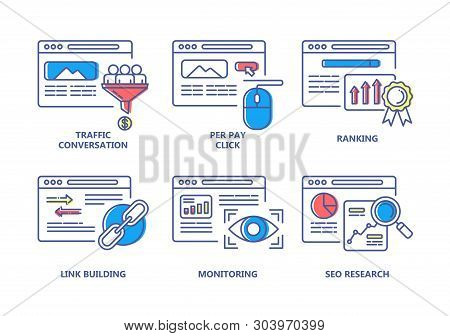 Seo And Digital Marketing Color Line Icons Set.