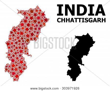 Red Star Mosaic And Solid Map Of Chhattisgarh State. Vector Geographic Map Of Chhattisgarh State In 