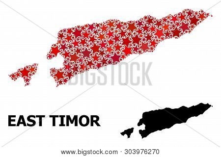 Red Star Pattern And Solid Map Of East Timor. Vector Geographic Map Of East Timor In Red Color Tones