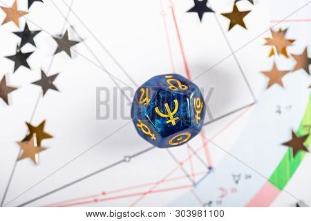 Astrology Dice With Symbol Of The Planet Neptune On Natal Chart Background