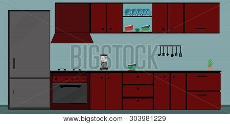 Kitchen Interior Dining Flat Illustration With Stove Fridge Table And Dishes On Blue Background