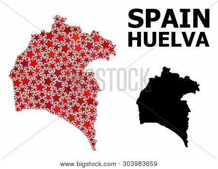 Red Star Mosaic And Solid Map Of Huelva Province. Vector Geographic Map Of Huelva Province In Red Co