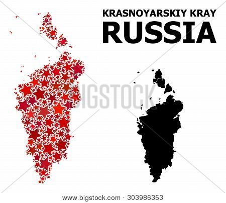 Red Star Pattern And Solid Map Of Krasnoyarskiy Kray. Vector Geographic Map Of Krasnoyarskiy Kray In