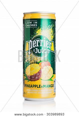 London, Uk - May 29, 2019: Aluminium Can Of Perrier And Juice With Pineapple And Mango Flavour On Wh