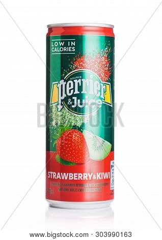London, Uk - May 29, 2019: Aluminium Can Of Perrier And Juice With Strawberry And Kiwi Flavour On Wh