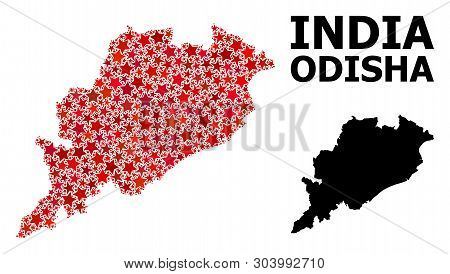 Red Star Pattern And Solid Map Of Odisha State. Vector Geographic Map Of Odisha State In Red Color V