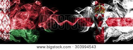 Belarus, Northern Ireland Competition Thick Colorful Smoky Flags. European Football Qualifications G