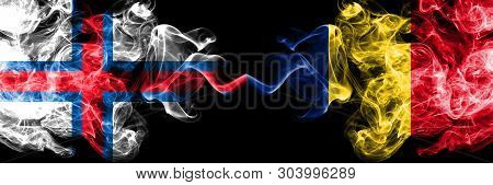 Faroe Islands, Romania, Romanian Competition Thick Colorful Smoky Flags. European Football Qualifica