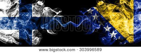 Finland, Finnish, Bosnia, Bosnian Competition Thick Colorful Smoky Flags. European Football Qualific