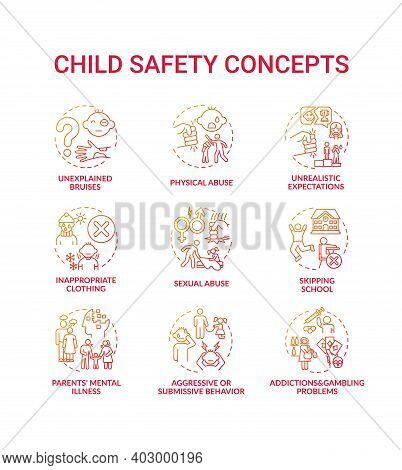 Child Safety Red Gradient Concept Icons Set. Parental Neglect. Domestic Abuse. Children Welfare. Kid