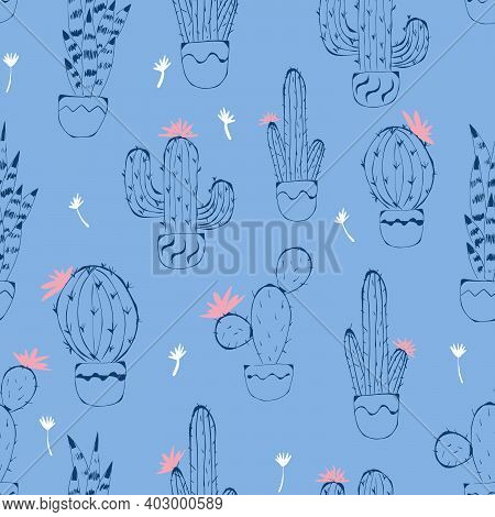 Cactus Seamless Pattern. Hand Drawn Cactus Lineart. Home Plants Succulents Blue Pattern, Pink Flower